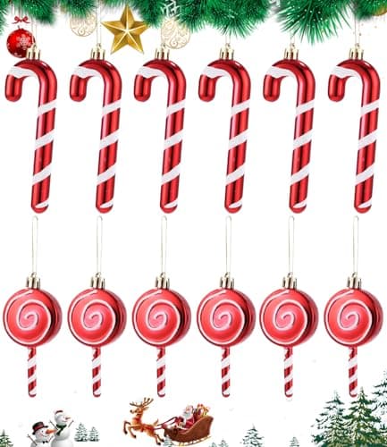 Bixury 12 pcs Canne en Bonbon Rouge et Blanc, Sapin de Noël en Forme de Canne à Sucre d'orge, Canne de Bonbons Plastique à Suspendre, pour décoration Sapin de Noël