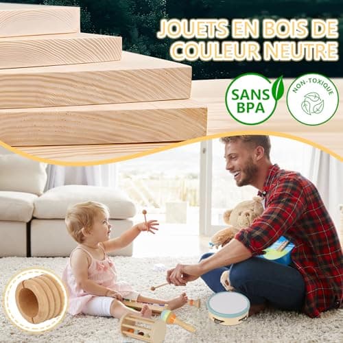 Joellfuner Instrument de Musique Bebe, Jouets Musicaux en Bois avec Xylophone, Triangle et Autre Instrument, 10 PCS Instruments Montessori, Bébé Batteries et Percussions Plus de 3+ Ans