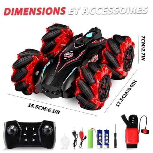 Bibykivn RC Voiture Stunt, 360°Rotation 2.4GHz Voiture Télécommandée Tout Terrain, 4WD Capteur de Gestes Jouet Voitures avec Lampe à pulvérisation LED pour 4-12 Ans Garçon Fille (Rouge)
