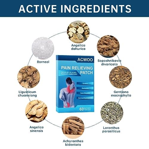ACWOO Patchs Anti-Douleur, 60Pcs Patchs de Soulagement de la Douleur, Pansement Anti-Douleur, pour Douleurs Aux Épaules, Douleurs Dorsales, Douleurs Aux Genoux, Douleurs Arthritiques