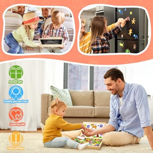 COOLJOY Puzzles en Bois Magnétique, 100+ Pièces Motif Animal Jigsaw avec Tableau Noir de Chevalet à Double Face Jouets Educatif pour Bambin Enfants Fille 3+ Ans