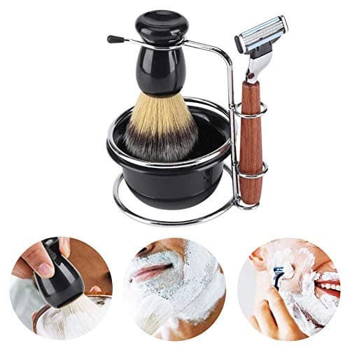 Ensemble de blaireau à raser 4 en 1, bol de rasage avec blaireau, bol à savon et support, coffret cadeau de rasage, bol à savon de rasage, kit de rasoir manuel professionnel pour homme