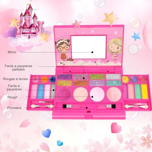 Maquillage Enfant Jouet Filles Lavable Coffret Maquillage Enfant Filles Jouet Non Toxique Palette de Maquillage pour Enfants Halloween Carnaval Cadeau de Noël Anniversaire pour Princesse de 4 5 6 7 8