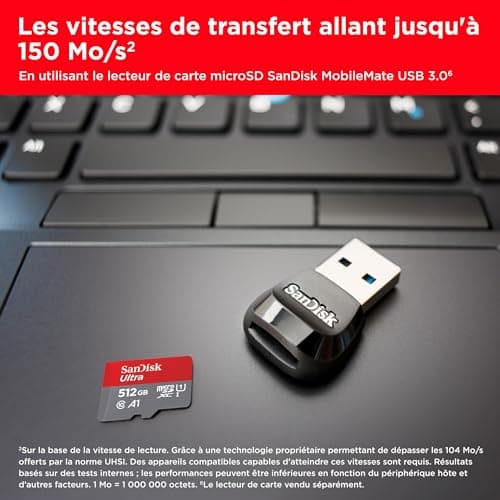 SanDisk Ultra 512 Go microSDXC, Carte micro sd + adaptateur SD (Pour Smartphone et Tablette, Video Full HDD, jusqu'à 150 Mo/s, UHS-I, La performance A1, Class 10, U1)
