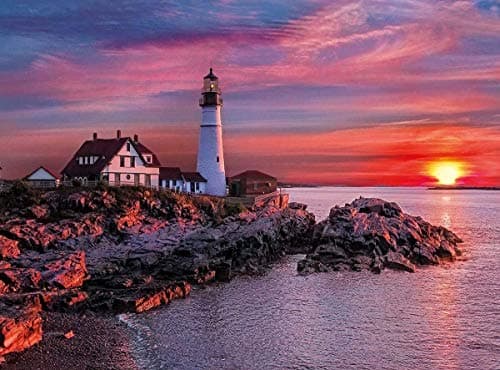 Showker 5D Kit Complet de Broderie Diamant Phare - Peinture Diamant Coucher De Soleil Rond Point de Croix - Décoration Murale pour Chambre, DIY Diamond Painting Maison 30x40cm