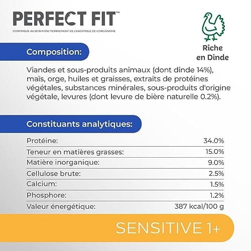 PERFECT FIT Adulte 1+ Croquettes pour chat adulte – Répond à des besoins spécifiques d'un chat stérilisé – Nourriture Riche en Dinde – 1,4 kg (Lot de 5)