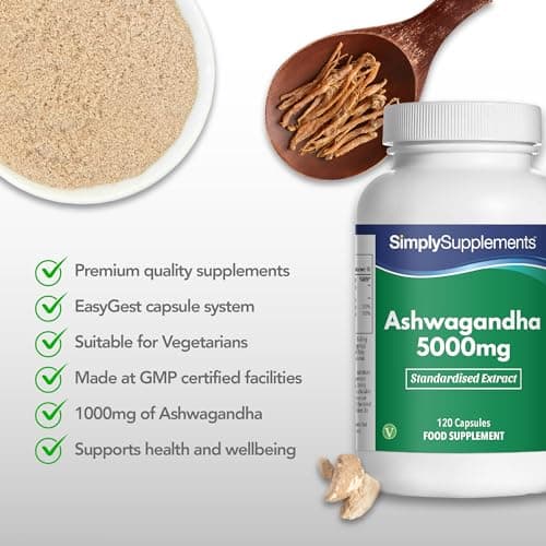 Ashwagandha 5000mg avec Vitamine B6 & B12 | 25mg de Withanolide | Réduit la fatigue | 120 Gélules = 2 Mois de Bienfaits | Adapté aux Végétariens & Végétaliens