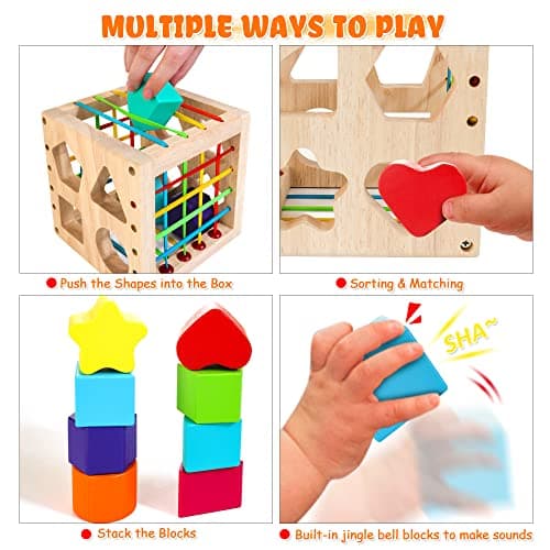 HELLOWOOD Jeu de tri Montessori Cube à emboîter à partir de 1 an, Cube de motricité avec 8 Cubes à emboîter, Jouets en Bois pour Enfants à partir de 1 2 3 Ans