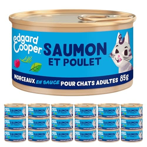 Edgard & Cooper Pâté Pour Chat, Adulte, (Saumon & Poulet, 85g x 18), Patée Morceaux en Sauce pour Chat, Viande et poisson frais et protéines de qualité, Pâté pour chat stérilisé et actif