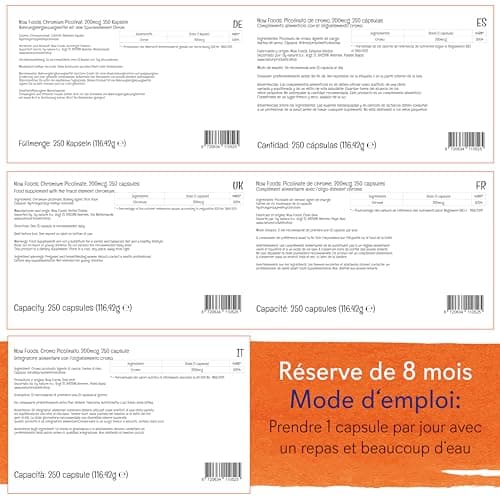 Now Foods, Chrome Picolinate, 200 mcg, 250 Capsules végétaliennes, Oligo-Élément, Chrome, Sans Gluten, Sans Soja, Végétarien