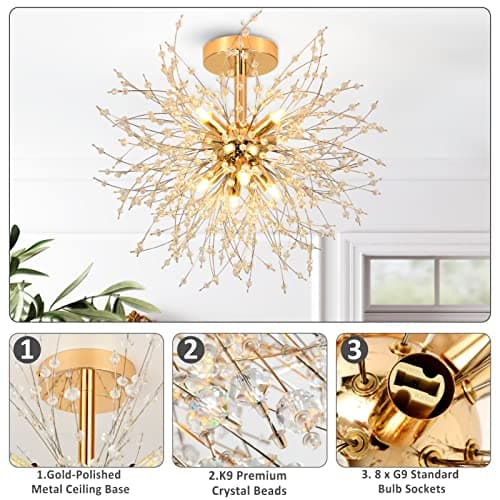 Rayofly Moderne Plafonnier En Cristal, feux D'artifice lustre, D'or plafonniers, dimmable Pendentif Lumière, 8 G9 Luminaire, Lampe Pour Salon, chambre, salle à manger, cuisine, couloir
