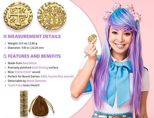 Pièces d'or Pirate en Métal - 35 Pieces Or Coffre Pirate Trésor, Répliques de Doublons Espagnols en Métal pour Les Jeux De Société, Les Jetons, Le Cosplay, Coffre Tresor de Jouet Pirate - M Taille