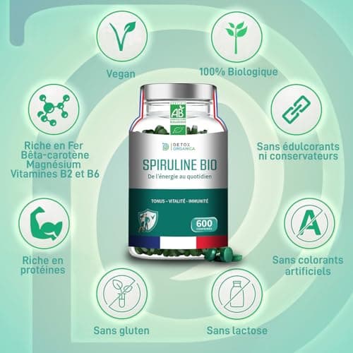 Spiruline BIO - 3000mg par jour - 600 Comprimés - Complément Alimentaire Riche en Protéines, Antioxydants, Fer et Phycocyanine - 100% Agriculture Biologique Controlée - De l'Énergie au Quotidien!