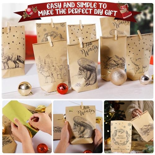 Calendrier de l'Avent à remplir,24 Sacs de l'Avent à bricoler soi-même avec sacs cadeaux imprimés et 24 autocollants numérotés et pinces, sacs en papier kraft pour Noël, enfants, adultes
