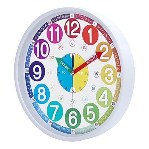Lafocuse Silencieuse Horloge Murale Enfant Apprentissage Colorée avec 3D Chiffres Facile à Lire pour Ecole Chambre Enfant Classe 30 cm