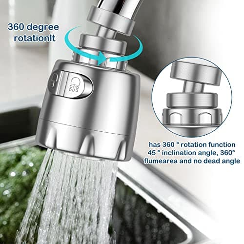 Vinabo Aérateur pour robinet rotatif à 360 °, buse robinet cuisine, évier avec filtre régulateur de tête, 2 modes, aérateur robinet, atomiseur robinet, tête robinet de cuisine, argenté