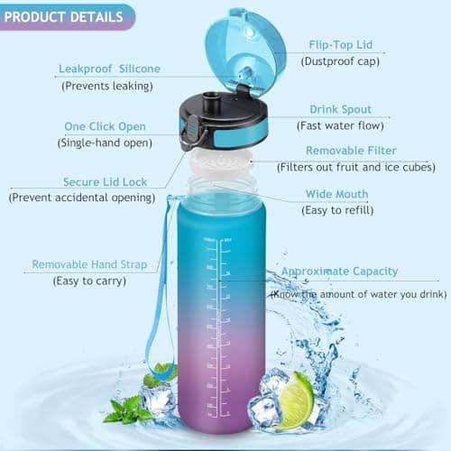 Vikaster Gourdes, Gourde 1Litre, sans BPA, Étanche & Réutilisable, Bouteille d'eau avec Marqueur de Temps et Filtre, Convient Pour la Enfant & Adulte, Gym, Yoga, Camping, Sport, Gourde Randonnée