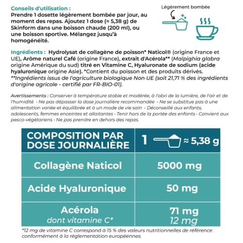INOLAB Collagène Marin 2000 Da | 45 Doses de 5 g/jour | Collagène Français Breveté Naticol | Acide Hyaluronique + Acérola Bio | Arôme Naturel Café | Peau Élastique Hydratée & Articulations