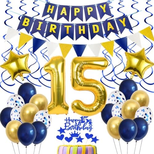 Decoration anniversaire 15 ans garçon bleu, ballons 15 anniversaire bleu or déco, 15 ans anniversaire bleu or, 15 ans Décorations De Gâteaux garçon, 15 ans anniversaire déco garçon,15 ballon bleu
