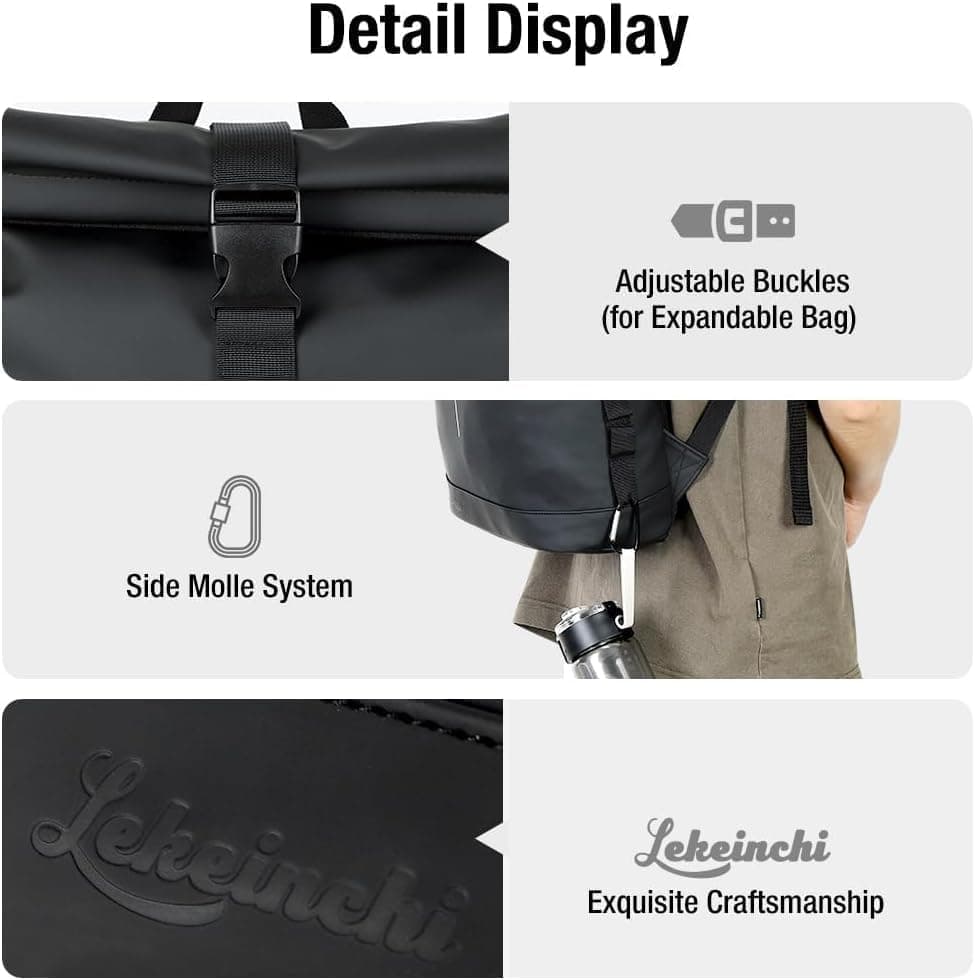 Lekeinchi Sac à Dos Rolltop Elegant Homme Femme Portable PC 17 Pouces, Noir | Imperméable, Rains Sac à Dos avec Bandes Réfléchissantes, Sac à Dos de Voyage Extensible Décontracté Travail College