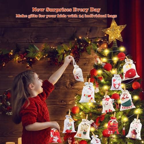 Calendrier de L'Avent a Remplir Soit Même 2024 Calendrier de L'avent a Faire Soi Meme Tissu 24 Sachets en Tissu Pochette Calendrier de L'avent à Remplir DIY Cadeau Decoration Noel (10x15cm/13x18cm)