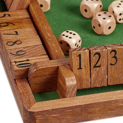 Relaxdays Shut The Box, 10 battants, de 2 à 4 Joueurs, en Bois, pour Petits et Grands, avec dés, Marron et Vert