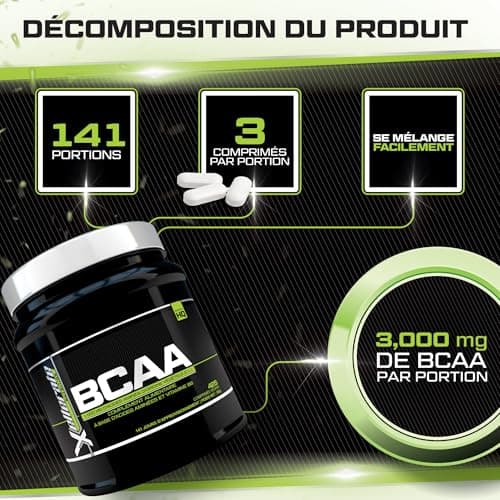 BCAA 2:1:1 3000mg - 425 Comprimés Végan - Acides Aminés à Chaîne Ramifié L-Leucine, L-Isoleucine, L-Valine et Vitamine B6 - Xellerate Nutrition