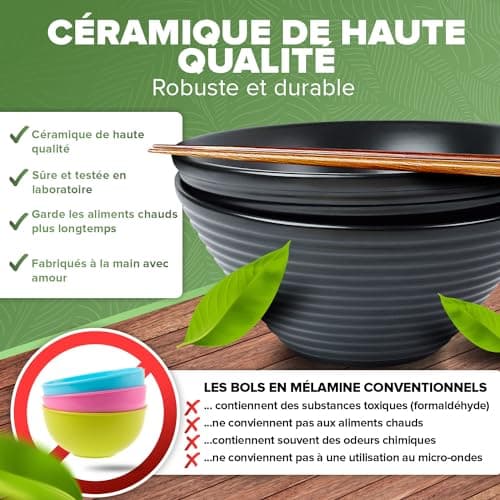 PandaBaw 2x Bol Ramen Japonais 1000ml [CERAMIQUE] - Set de Bol a Ramen de Haute Qualité - Japanese Ramen Bowl Set - Vaisselle Japonaise Traditionnelle avec Bol Soupe, Cuillère, Baguettes [+RECETTES]