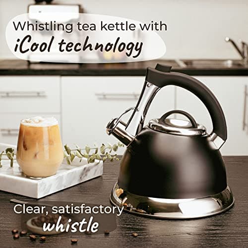Bouilloire sifflante avec poignée iCool, théière chirurgicale en acier inoxydable pour toutes les cuisinières, 2 infuseurs GRATUITS inclus, 3 litres par Pykal (Noir)