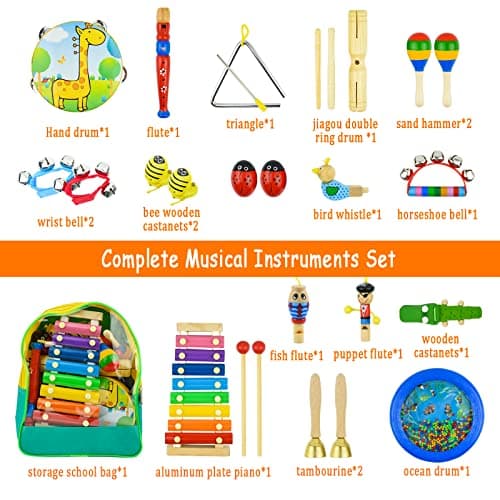 27pcs Instruments de Musique Musicaux pour Enfants, Kikuo Bois Percussion en Bois pour Bébé, D'instruments de Musique pour Les Tout-Petits - Favorise Le Développement Précoce - Sac à Dos Inclus
