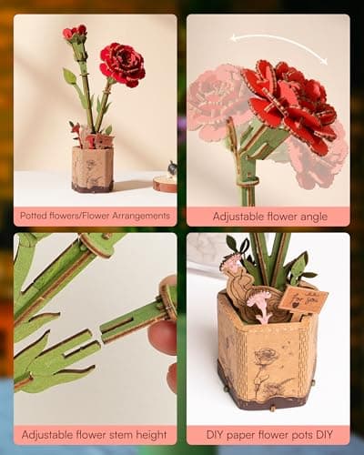 ROBOTIME Fleurs Artificielles Deco, Puzzle 3D Bois, Maquette en Bois a Construire, Construction Adulte, Cadeaux Anniversaire Femmes pour la Saint-Valentin & Décoration d'intérieur, TW052