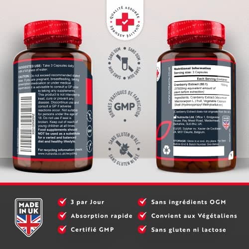 Canneberge Gélules Haute Résistance 37500 mg - 180 gélules Végan - Approvisionnement de 2 mois - Supplément d'Extrait de Canneberge Pur 50:1 - Fabriqué au Royaume-Uni par Nutravita