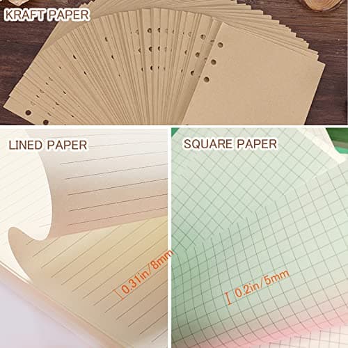 DY.2ten Lot de recharges A6 à 6 trous - (recharges de papier quadrillé + papier ligné + papier kraft + papier à feuilles mobiles vierges) - 180 feuilles/360 pages (45 feuilles de chaque type)