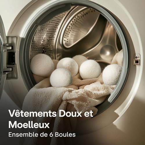 6 Boules de Séchage en Laine de Mouton Organique - Balles de Séchage pour Sèche-Linge - Boule de Sechage Réduit le Temps et Adoucit le Linge - Parfaites pour le Duvet