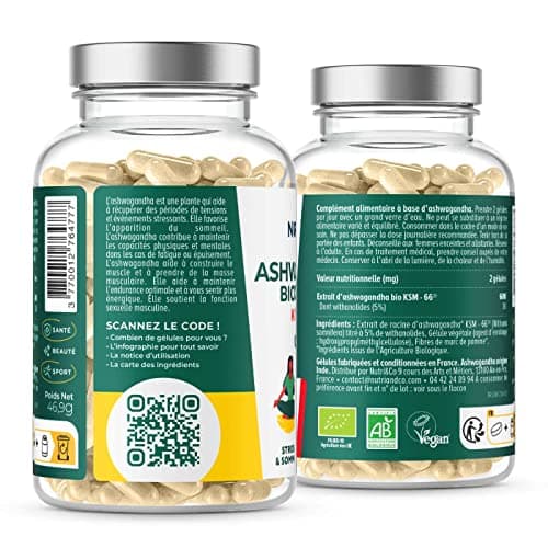 NUTRI & CO Ashwagandha BIO KSM-66® - Dosage Clinique 600mg - Extrat Fort 5% Withanolides - 120 gélules Vegan - Anti Stress Naturel - Aide Sommeil & Musculation - Extrait 100% Pur - Fabriqué en France