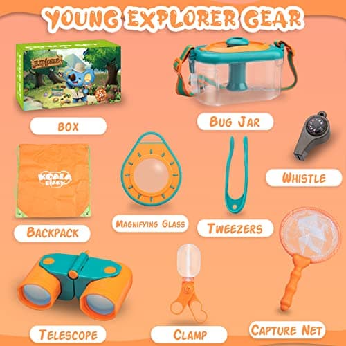 Achiyway Jouets Explorateur Extérieur Enfant Kit, Loupe Jumelle Boussole Papillon Filet Pince à épiler Attrape-Insectes Sac De Rangement, Cadeaux Randonnée Camping Nature éducatifs pour Enfants