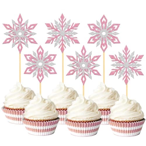24 pièces Anniversaire Flocon de Neige Cupcake Toppers, Scintillantes Decoration Gâteau Reine des Neiges, Deco Gateau pour Mariage Noël Hiver (Mix Rose)