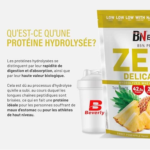 Beverly ZÉRO DÉLICATESSE | 1 kg | 85% Protéines de Lactosérum Hydrolysées | Avec Digezyme et Tolerase | Masse et force musculaire | Mixeur offert (ANANAS)