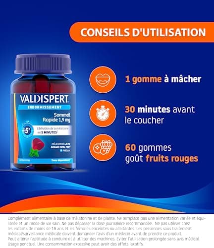 VALDISPERT - Endormissement - Gommes Sommeil Rapide 1,9 mg - Complément Alimentaire À La Mélatonine 1,9mg & extrait Mélisse - Libération En 5 Min - Goût Fruits Rouges - Ingrédients Vegan - 60 Gummies