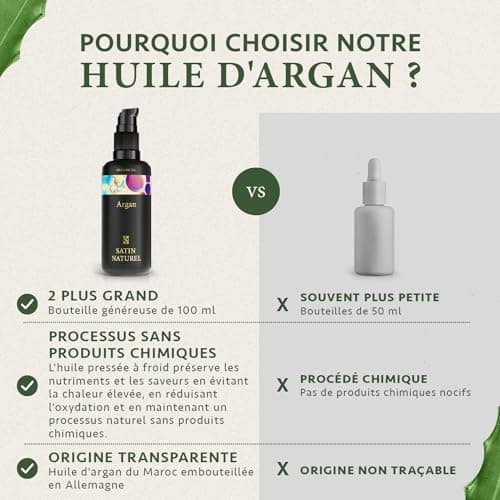 Huile Argan Bio 100ml, Huile Cheveux Pousse Cheveux et Brillance - Huile Visage Hydratante Naturelle - Huile Demaquillant Visage - Huile dargan visage - Huile d'Argan Bio - Argan Oil - Satin Naturel
