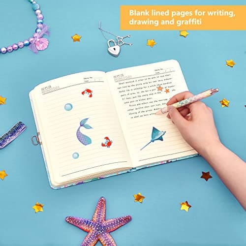 WERNNSAI Ensemble de Carnet de à Paillettes- Journal de Sirène Cadeau pour Filles Enfants Bleu Voyage Journal a5 Cahier Écriture Bloc de note stylo à bille, autocollantsavec serrure et clés