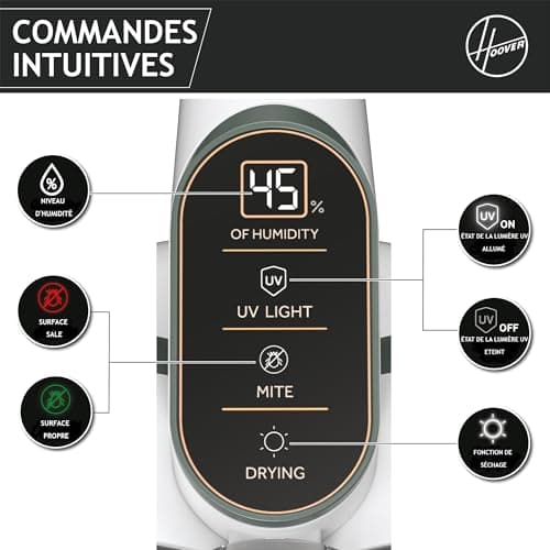 HOOVER Aspirateur Matelas HMC510UV, Léger, Détecteur de Poussière, Elimination des Acariens, Lumière UV-C, Anti-Allergène, Antibactérien, Fonction Séchage pour Prévenir des moisissures