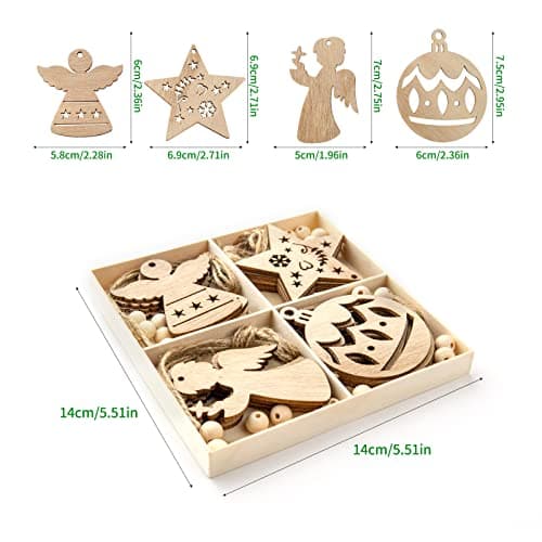TAIYOU 20pcs Decoration Sapin Noel en Bois Bois Arbre de Noël Ornements DIY Décorations de Noël en Bois Décorations Noël Sapin Accessoires pour Étiquette Cadeau Décoration Noël Maison 4 Modèles