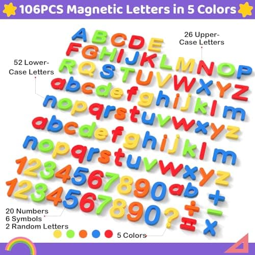 BunnyJOY 106PCS Enfants Lettres Magnétiques Chiffres, Coloré Aimants De Réfrigérateur Ensemble de Jouet Apprentissage Préscolaire de la Petite Enfance, Orthographe, Comptage Jouets Éducatifs