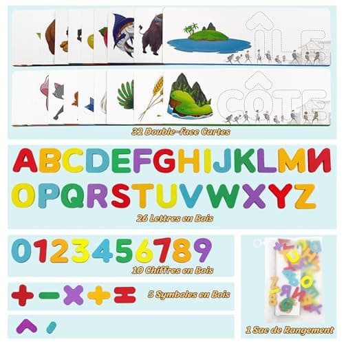 Jeu Éducatif d'Orthographe Française, Jouet Montessori à Partir de 3 4 5 6 7 8 Ans avec 32 Double-Face Cartes Flash Jeux d'apprentissage des Lettres Cadeau pour Fille Garçon à Partir de 3 à 6 Ans