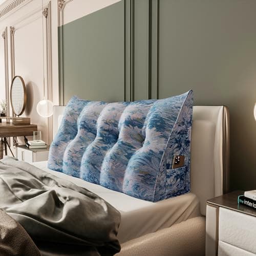 Johnear Coussin de dossier imprimé pour lit - 140 cm - Bleu - Dossier triangulaire - Coussin de canapé - Coussin mural - Lit pour lecture - La housse de coussin est lavable en machine