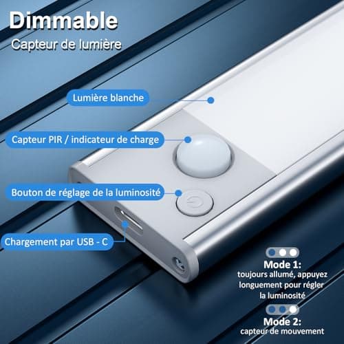 Lampe LED Rechargeable Cuisine Reglette - Sans Fil Mouvement Detecteur Lumiere Interieur Sous Meuble Placard Eclairage Lumière Barre éclairage Spécial Intérieur USB Pile Réglette Armoire Light Sensor