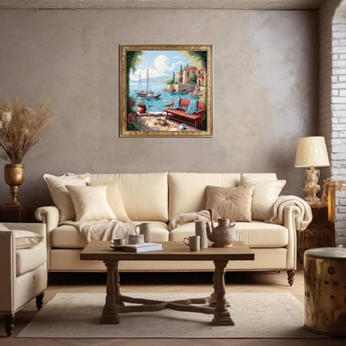 cukol cukol Canevas Broderie Point de Croix Kit Complet Adulte Debutant Compté Pré Imprimé Estampillé Moderne Débutant avec Fils, Facile 11ct Paysage de Rivage Cross Stitch Loisirs Créatifs Set 40x40