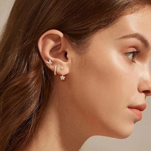 JeweBella 3 Paires Boucles d'oreilles Argent 925 pour Femme Plaquée Or 14 Carats Petites Clou d'Oreilles Mini Boucles d'Oreilles Créoles pour Plusieurs Piercings Oreille Cartilage