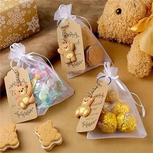 Lidzopas Lot de 18 porte-clés mignons en forme d'ours de la jungle avec étiquettes de remerciement en kraft pour sacs en organza pour décoration de fête d'anniversaire